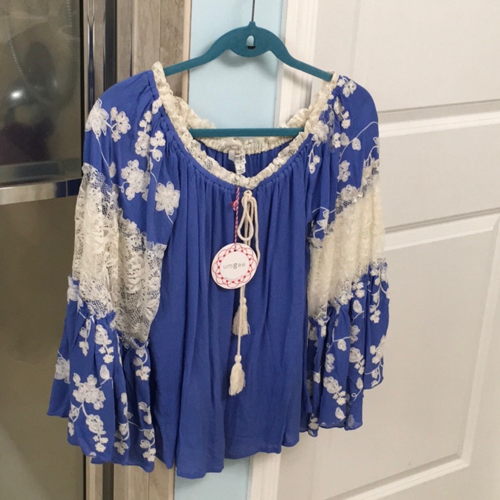 Bell sleeve periwinkle lace off shoulder